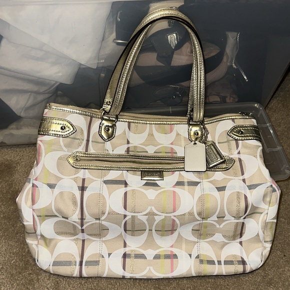 Coach Handbags - Cream, white, gold, pink and purple large Coach madras tote